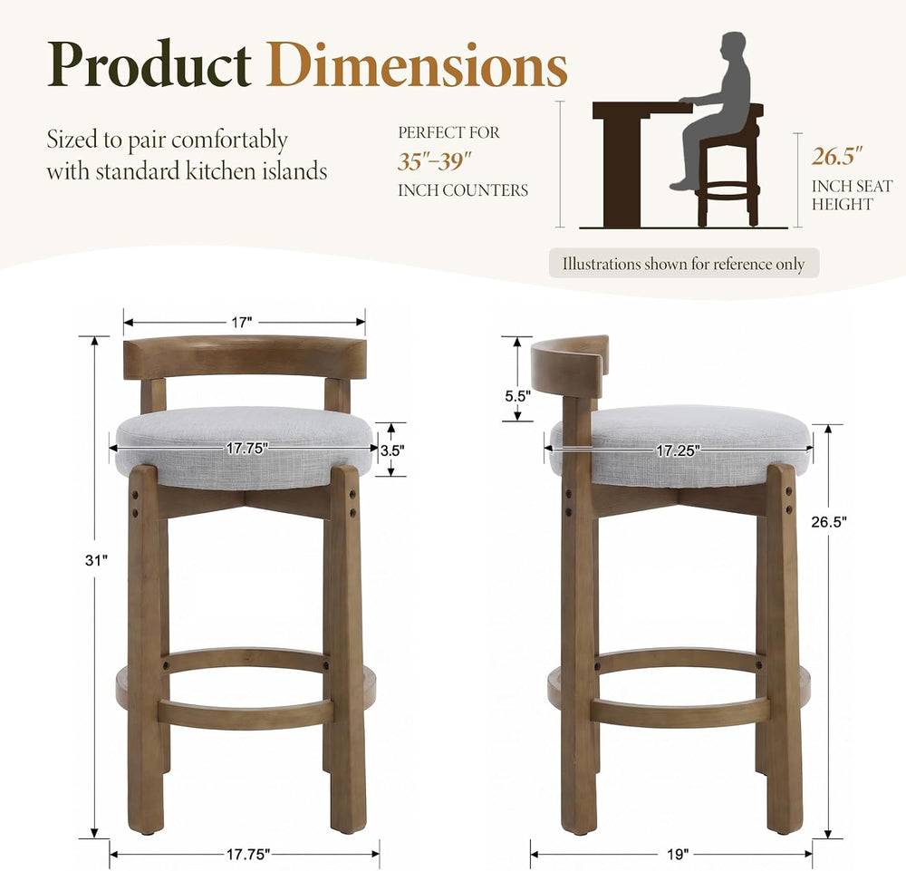 Ya-Home Mid-Century Bar Stools Set of 2, 26.5 Inch Linen Counter Height Uphol...