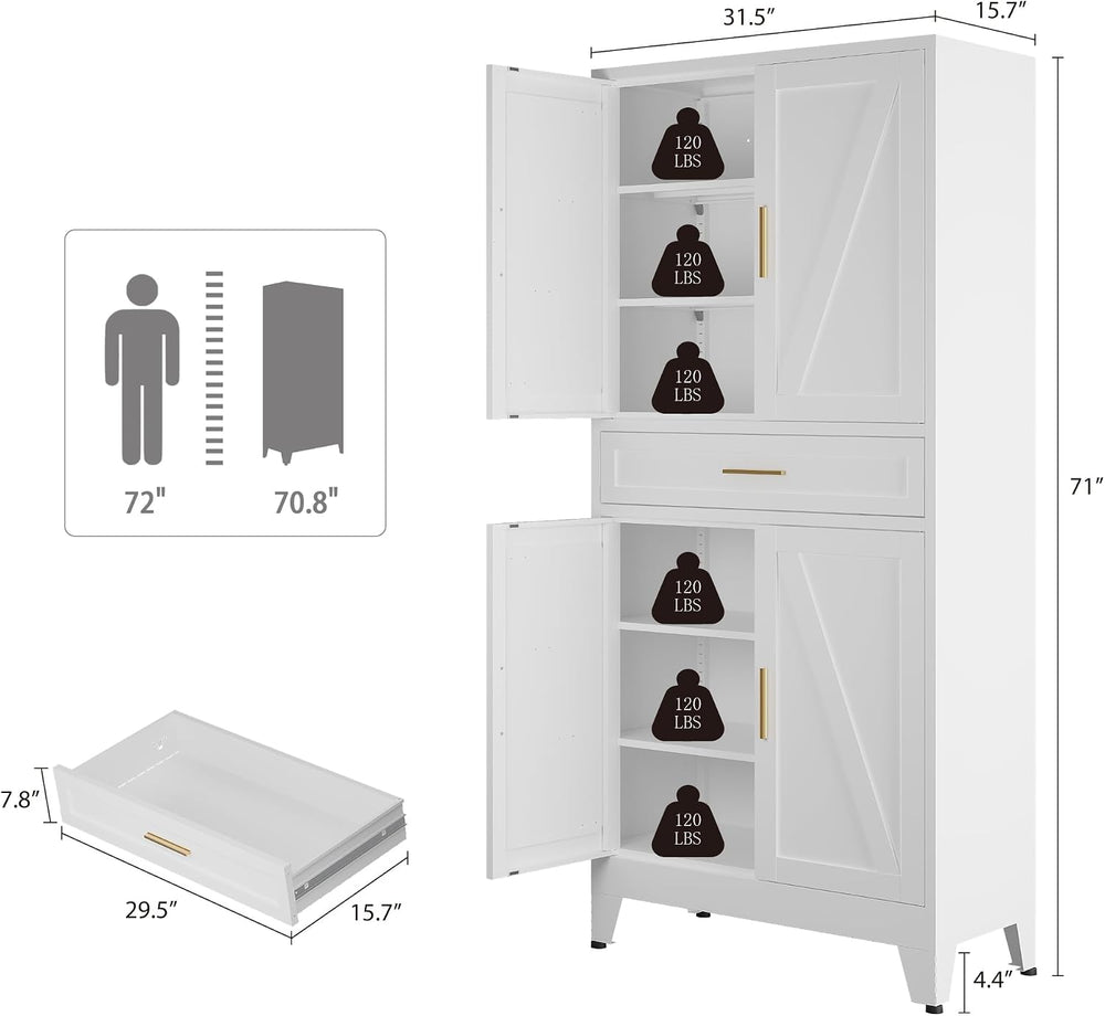 Bevivog Tall Pantry Cabinet with Drawers, 71" Metal Storage Cabinets wit...