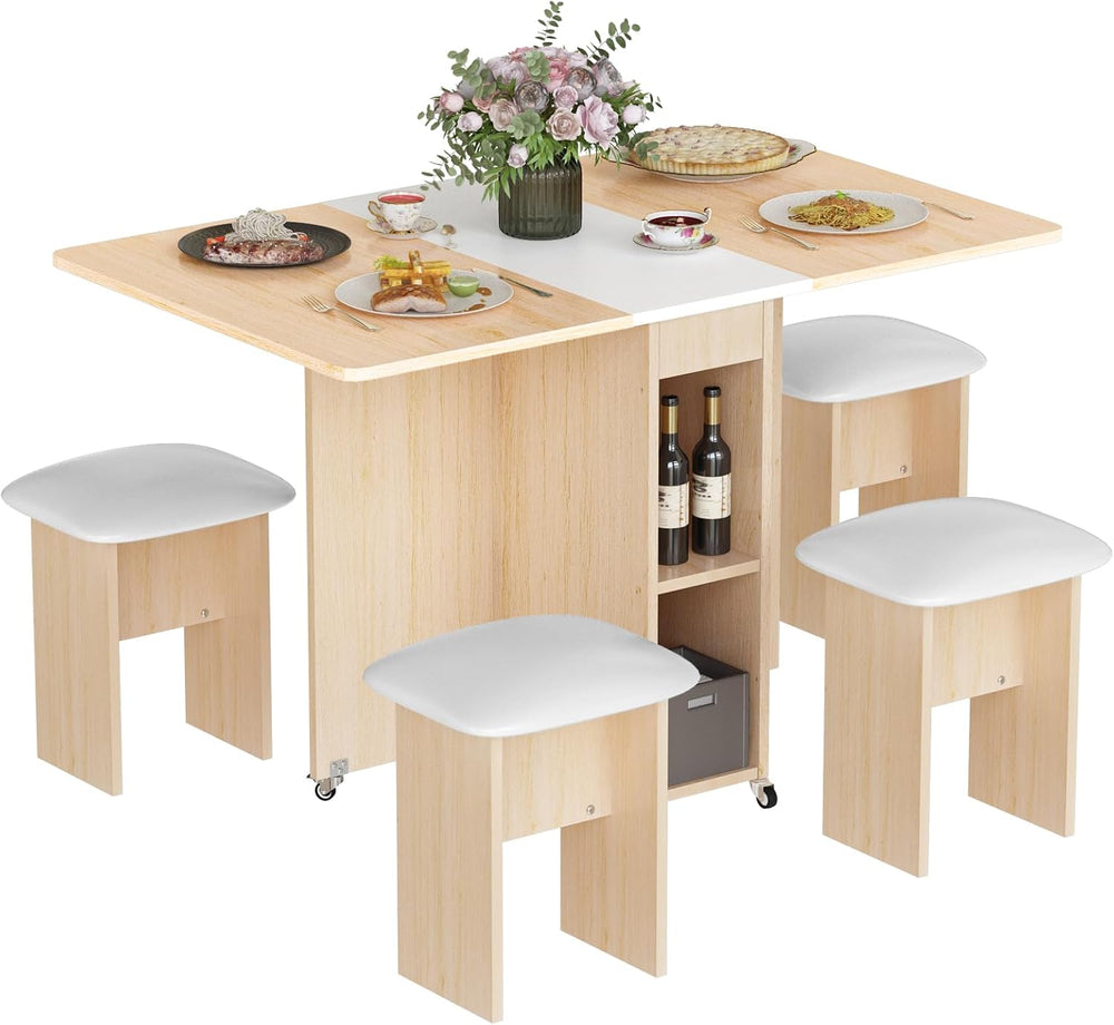 AWQM Folding Dining Table Set, Storage Folding Table & Chair, Beige White...
