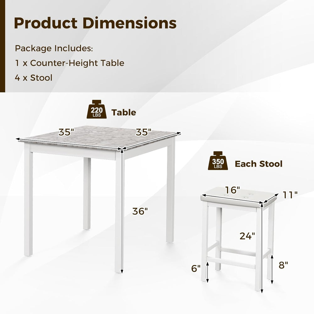 Tangkula 5-Piece Counter-Height Bar Table Set, Faux Marble Square Table &...