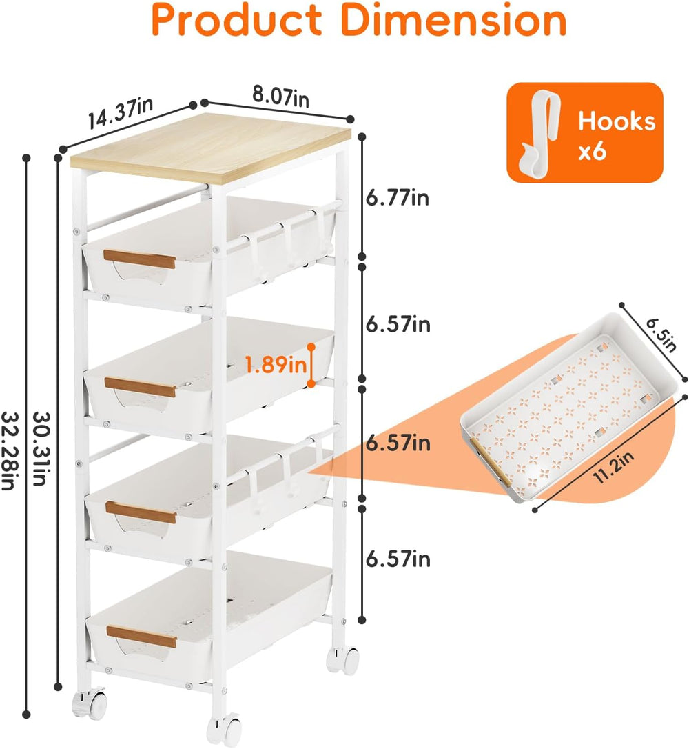5-Tier Slim Storage Cart, Wooden Top Rolling Kitchen Cart with Pull-Out Baske...