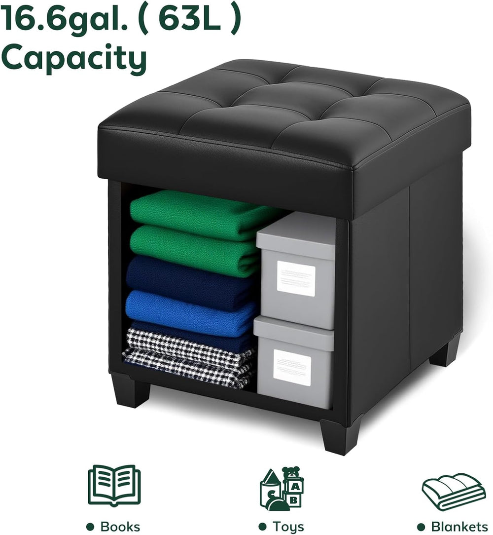 17.7" Ottoman with Storage, Square Storage Ottoman for Dorm, Faux Leathe...