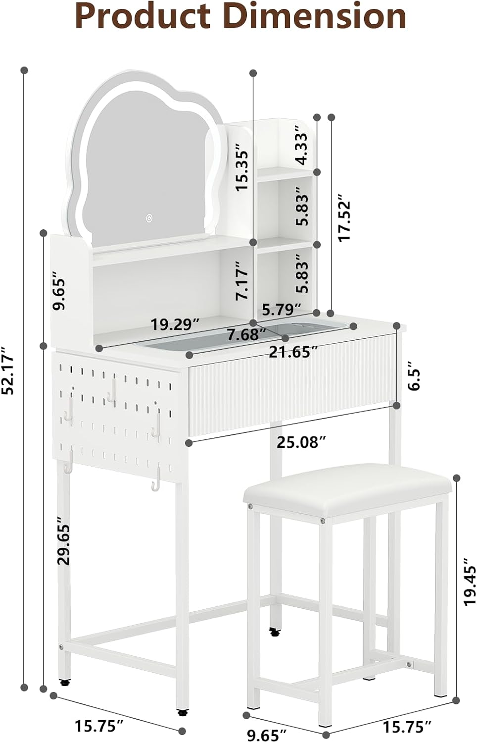 YOURLITE Vanity Desk with Mirror and Lights, Fluted Makeup Vanity Set with Ch...