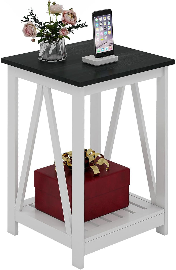 End Table, Farmhouse Square Side Table with Slat Shelf, 15.7" Black Top