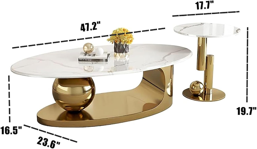 Modern Coffee Table Set of 2 - Stylish Black & Gold Oval Nesting Tables f...