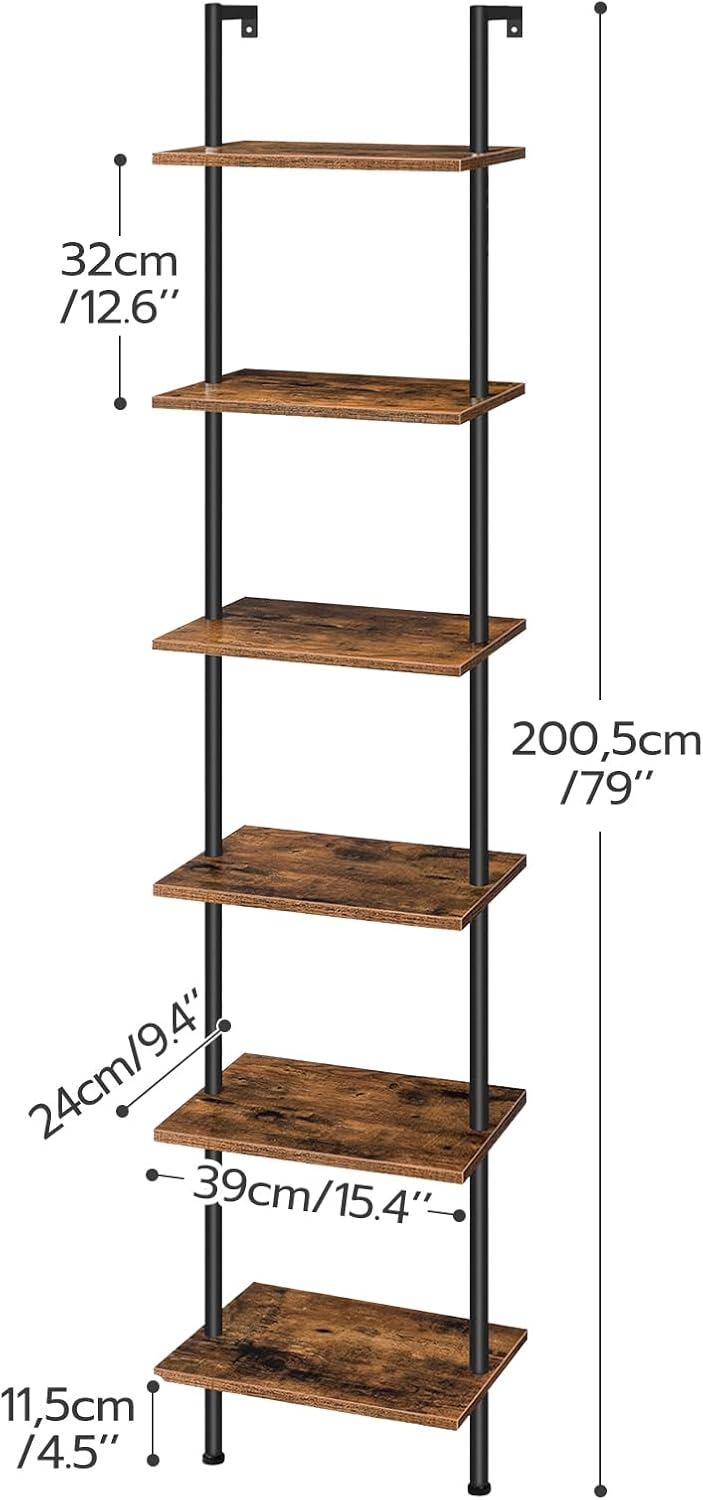 HOOBRO DIY Ladder Shelf, 6-Tier Wooden Wall Mounted Bookshelf, Narrow Bookcas...