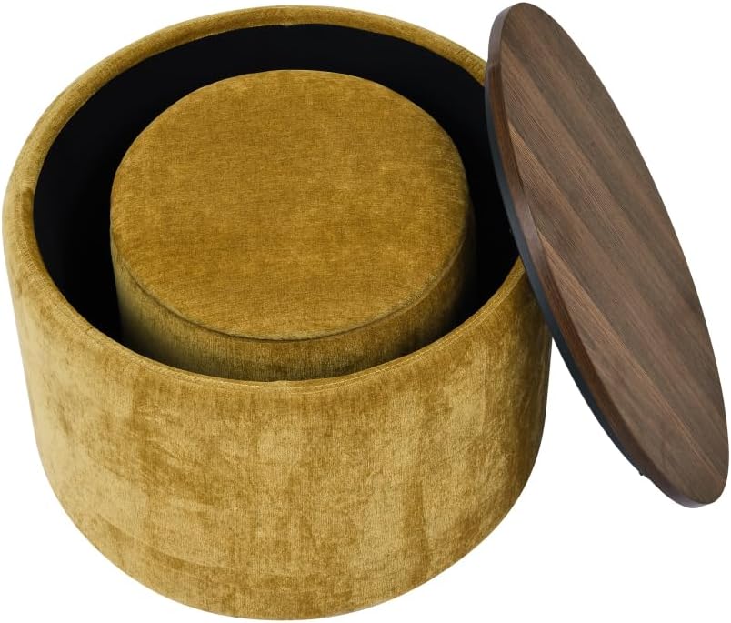 2-Piece Set Round Chenille Storage Ottoman, Equipped with a Drum Shaped Small...