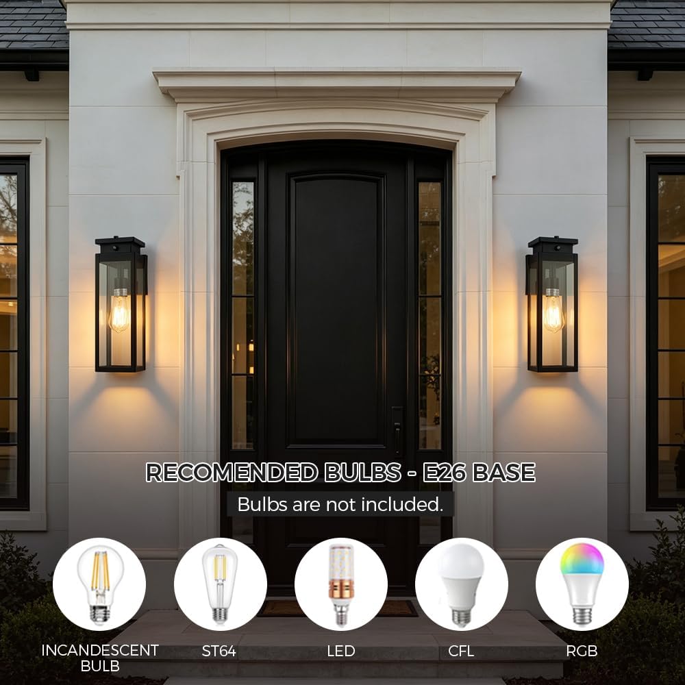 Cerdeco 15" Dusk to Dawn Outdoor Wall Light with 4-Side Clear Glass,2 Pack