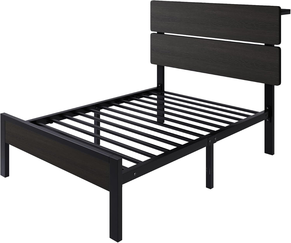 SHA CERLIN Twin Size Bed Frame, Led Light, Charging Station, Storage Shelf