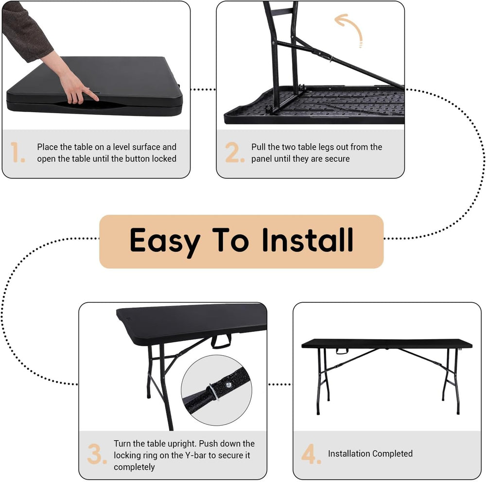 pollilar Folding Table 6FT Heavy Duty Portable Plastic Foldable Table Black |...