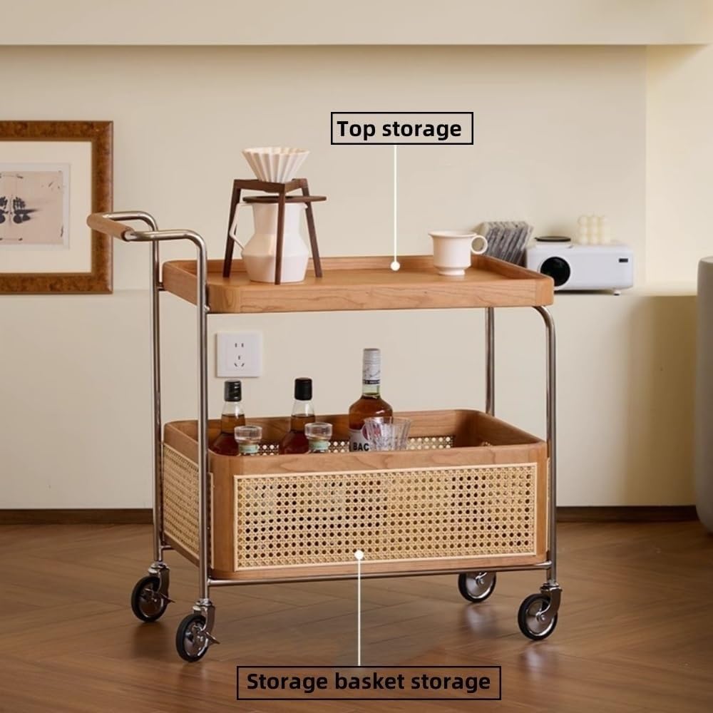 Wood Mobile Side Table with Wheels 2-Layer Storage Rolling Coffee Table End T...