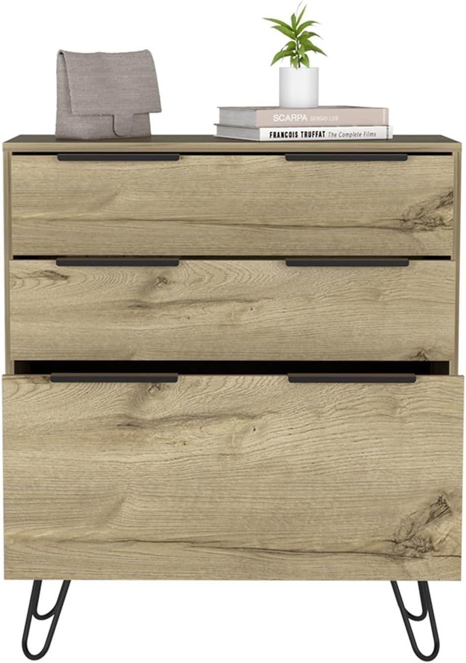 Hairpin Leg Storage, Three Drawer, Premium Panel - Light Oak,for Small Spaces