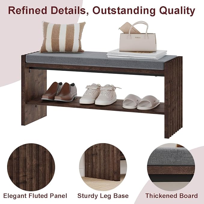 BON AUGURE Entryway Bench with Shoe Storage, 2-Tier Shoe Rack Bench with Cush...