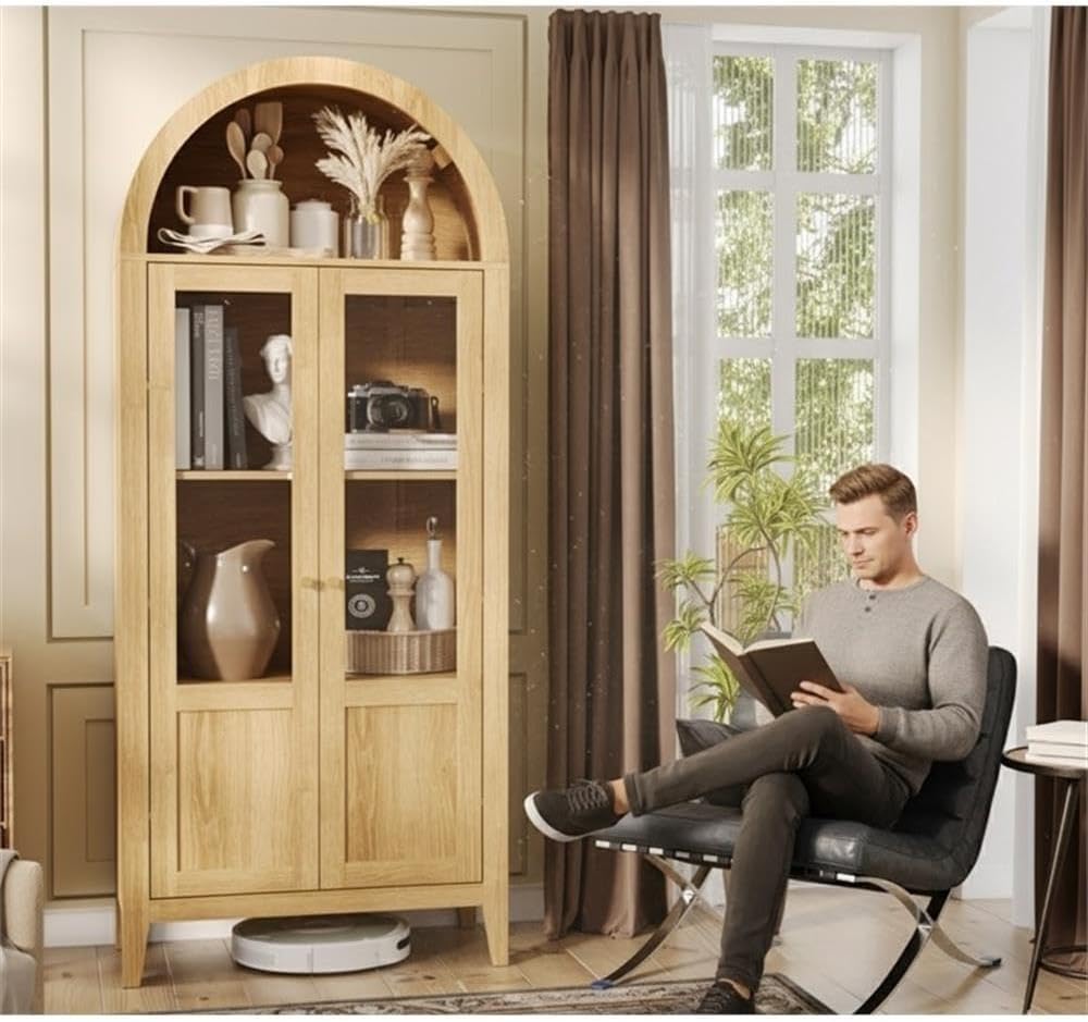 Light Brown Tall Arched Cabinet with Glass Doors Storage Cabinet Engineered W...