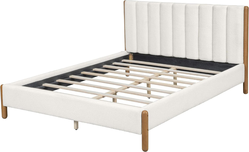Peanu Queen Bed Frame, Boucle Upholstered Headboard, Solid Wood Legs, White
