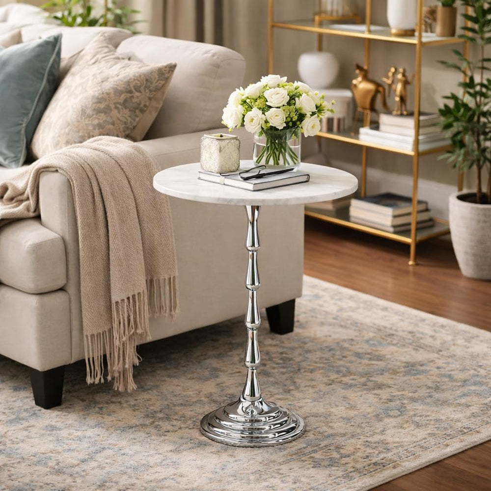 Silver Drink Table with White Marble Top | Decorative Modern End Table | Alum...