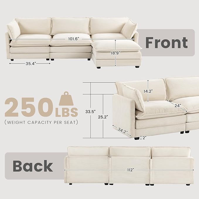 ROWHY Oversized Modular Sectional Sofa with Movable Ottoman, 112 Inch 4 Seat ...