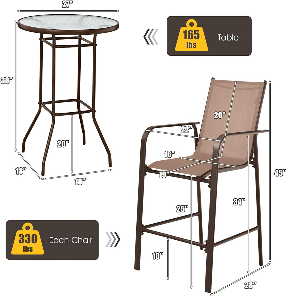 Tangkula 3 Pieces Outdoor Patio Bar Set with 2 Bar Stools, Coffee