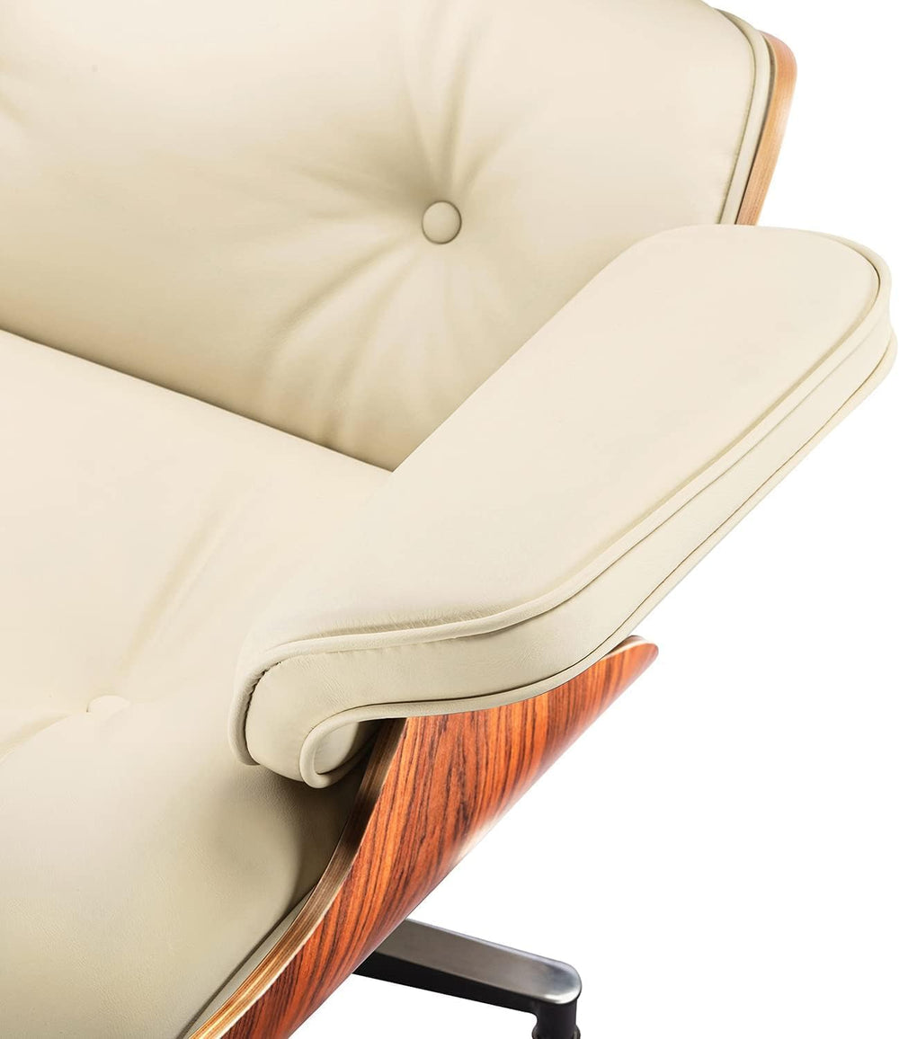 Top Cream White Grain Leather, Mid Century Chaise Lounge Chair and Ottoman, M...