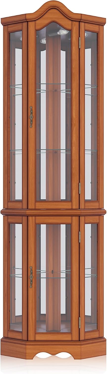 BELLEZE Lighted 3-Side Glass Display Curio Cabinet w/Tempered Glass Doors and...