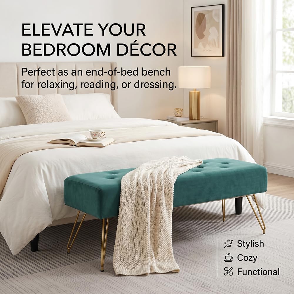 Velvet Button-Tufted Entryway Bench, 39.37" Modern Upholstered Bedroom B...