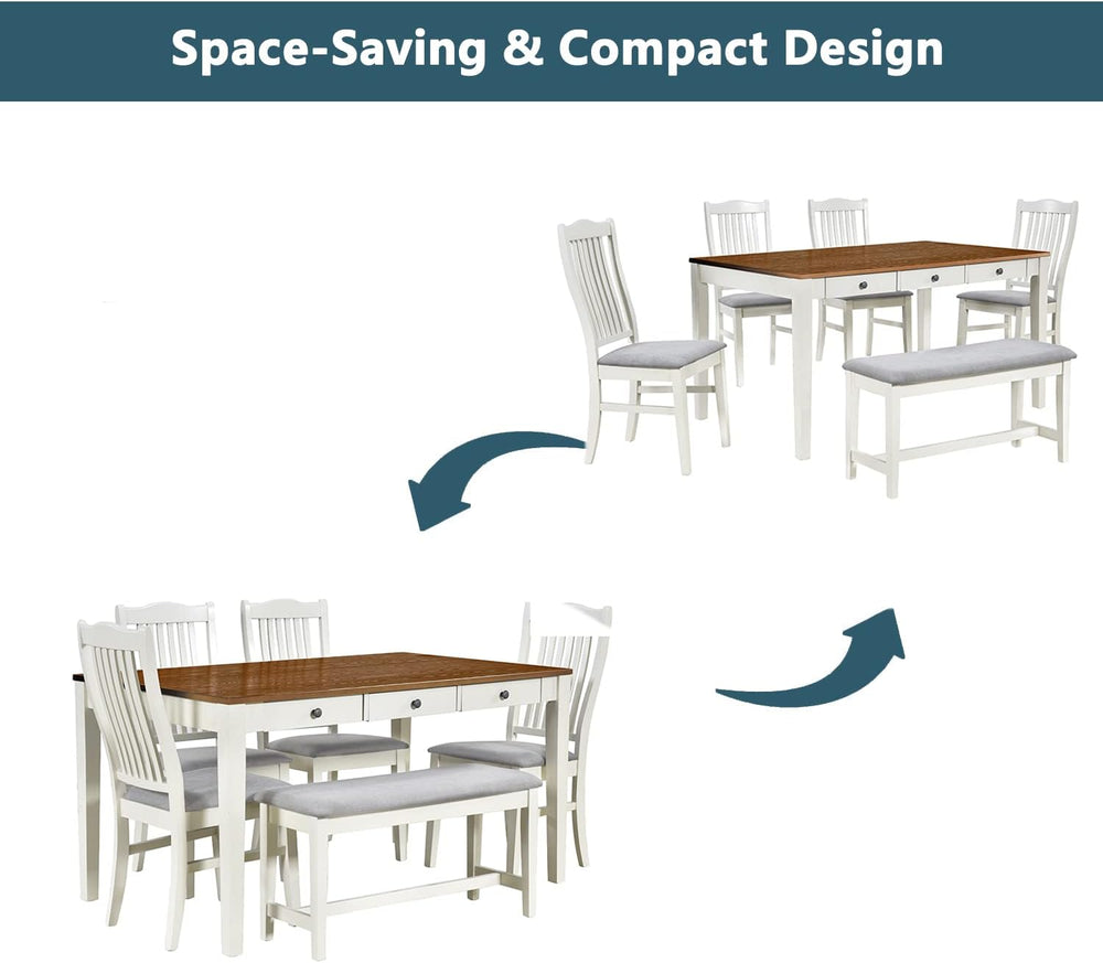 Merax Mid-Century 6-Piece Wood Dining Table Set with Drawer, 4 Upholstered Ch...