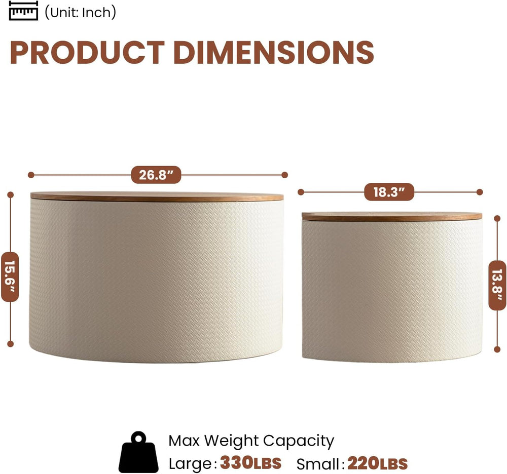 Round Nesting Coffee Table Set of 2 with Storage for Living Room (White) | Mo...
