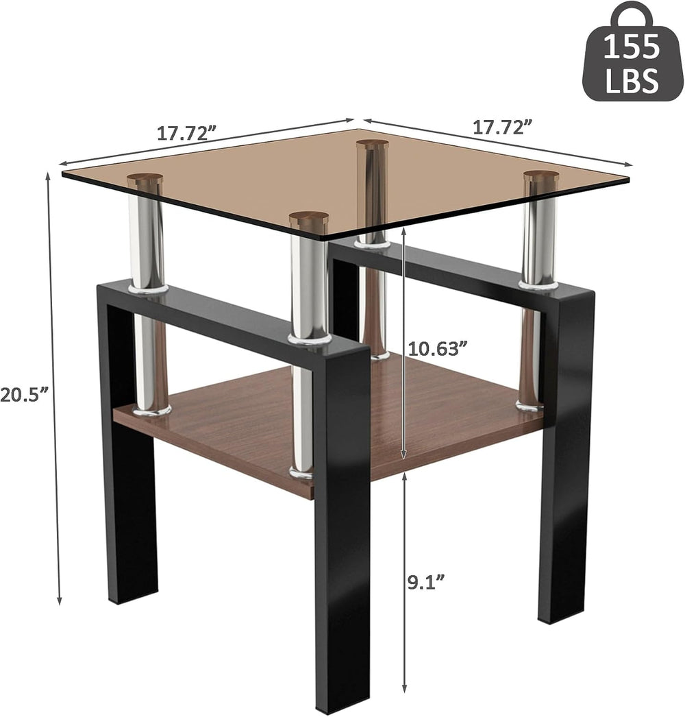 Glass Side Table Set of 2, Small 2-Tier End Table with Tempered Glass Top and...