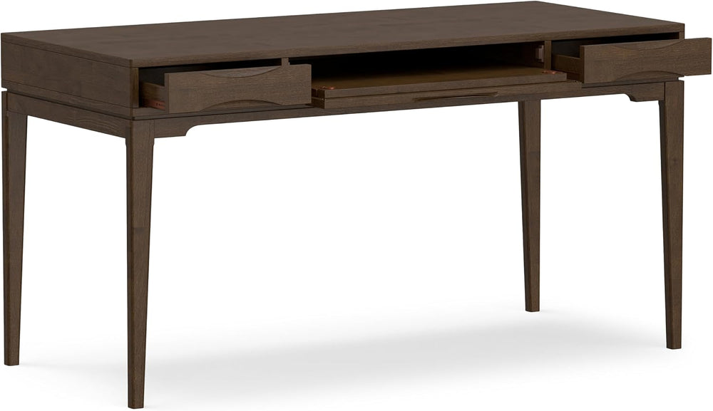 SIMPLIHOME Harper 60" Wide Solid Wood Writing Desk in Walnut Brown