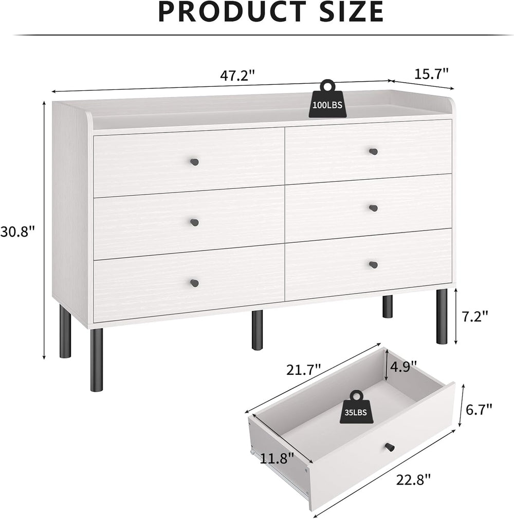 LYNSOM White Dresser for Bedroom, 6 Drawer Dresser with Wide Drawer and Metal...