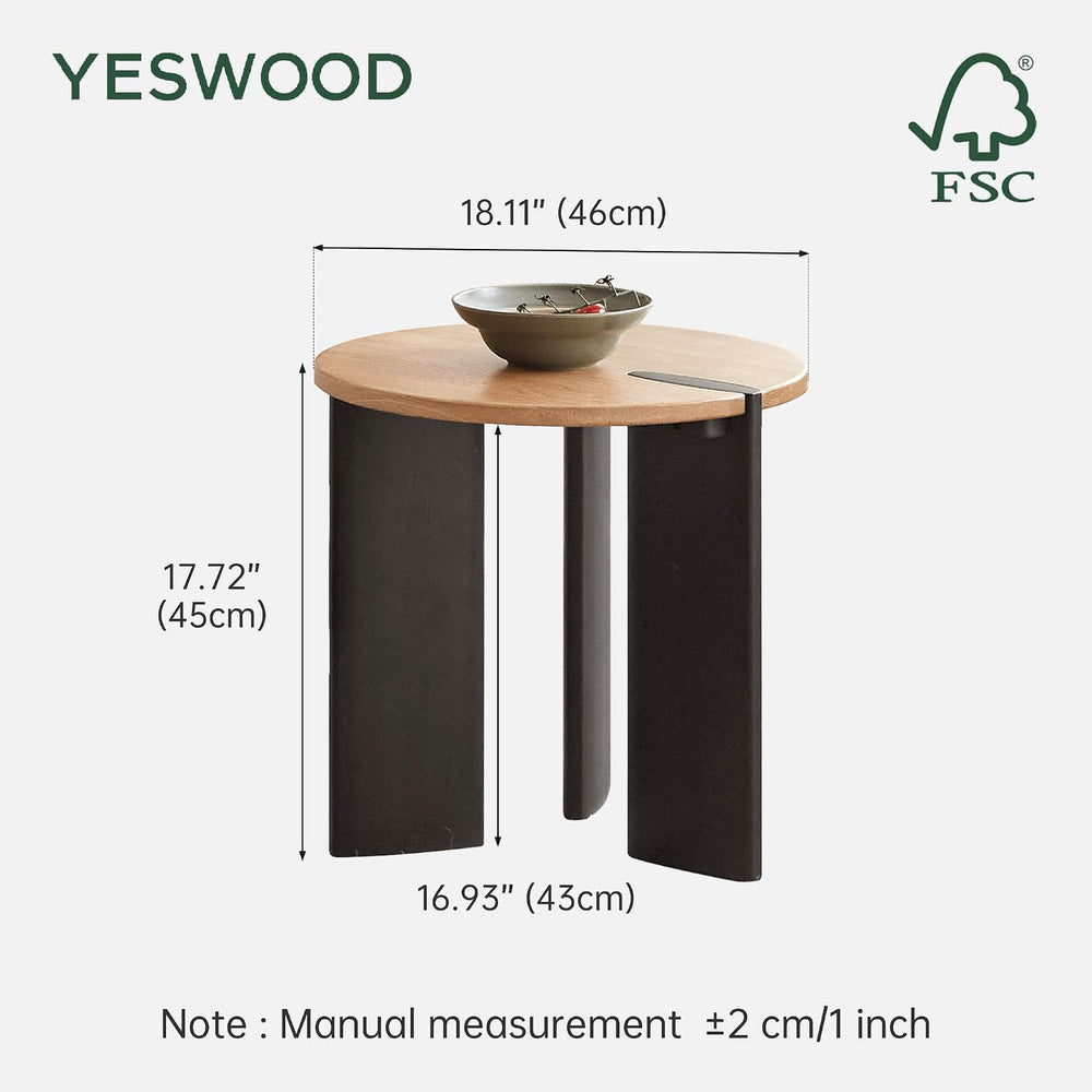 Solid Wood Side Table with 2-Tone Finish, 18.11" Round Side Table for Li...