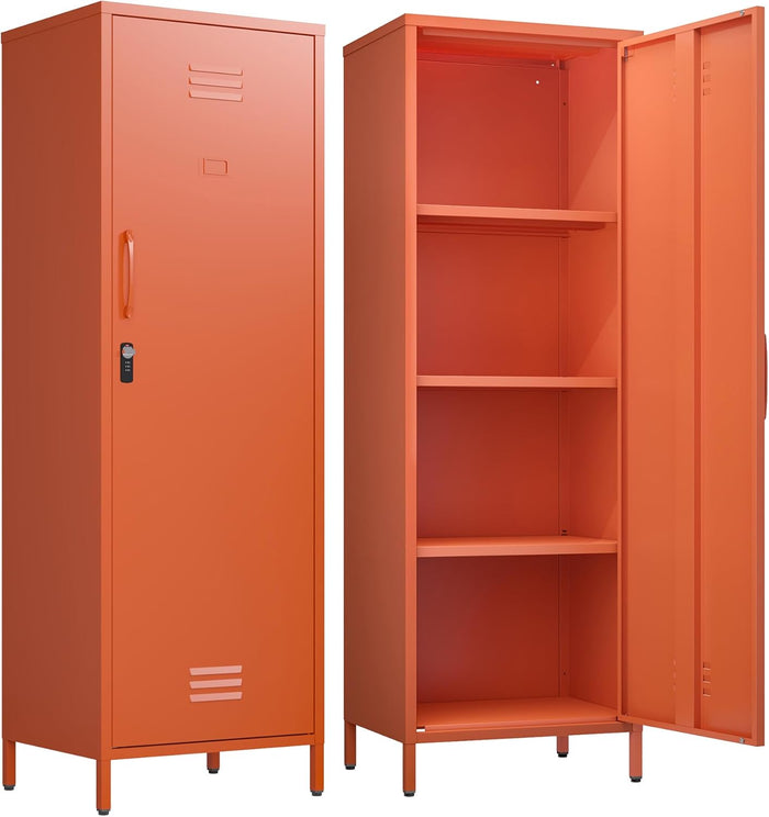 Metal Locker Storage Cabinets 59.06"H Orange Locking File Cabinets Kitchen Food Pantry Cabinet with 2 Doors and Shelves for Dining Room, Living Room,Bathroom Office,Home,Garage, Gym, School