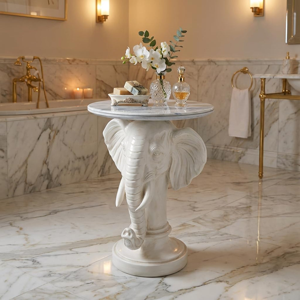 Elephant End Table – 25.98in Tall Artificial Marble Top Decorative Accent Tab...