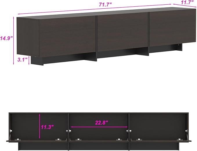 AIEGLE 71.7" W TV Stand with 3 Flip-Down Drawers, Modern Entertainment C...