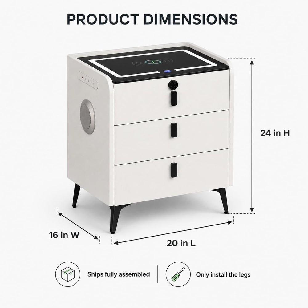 Smart Nightstand with Wireless Charging, with Fingerprint Lock Drawer, Night ...