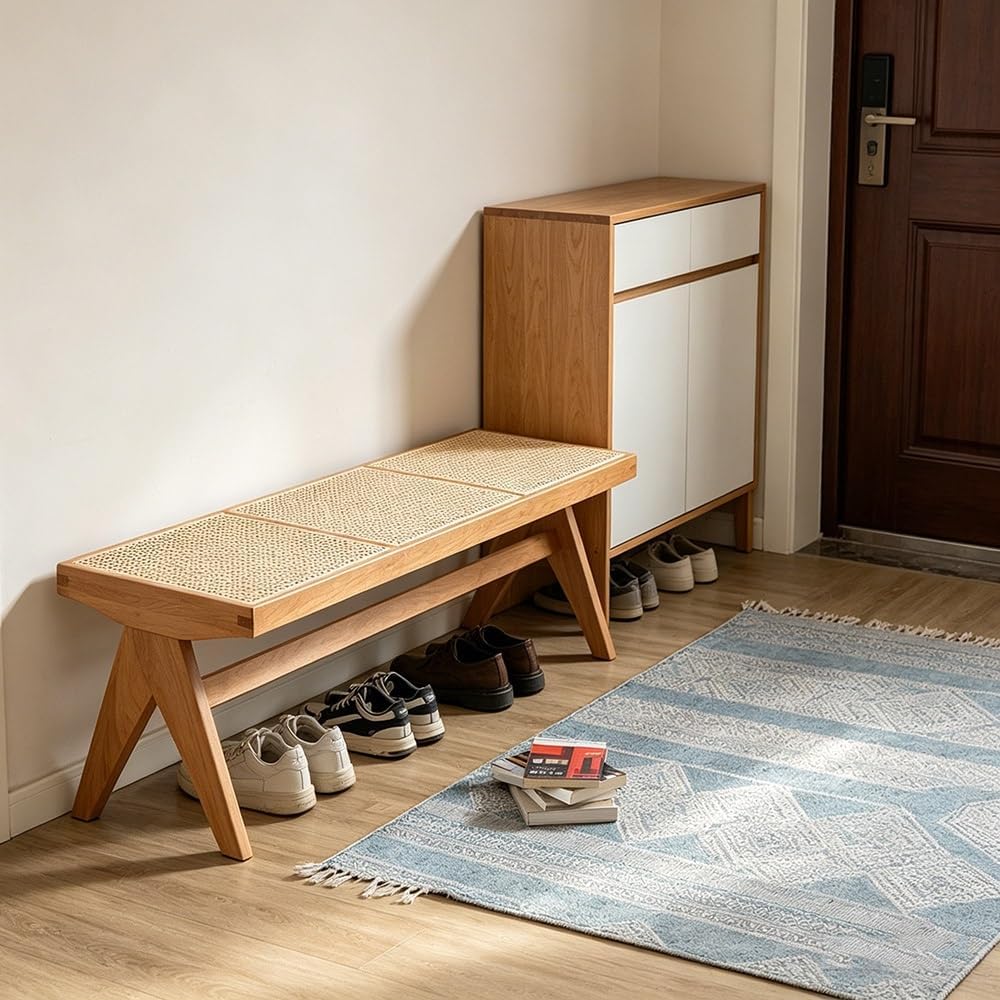 Farmhouse Rustic Solid Wood Bench 50.4"/54.3" L Entryway Bench Brea...