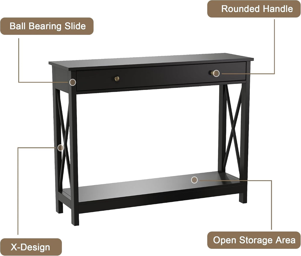 Treocho Black Console Table with Drawer and Storage Shelves, Foyer Sofa Table...