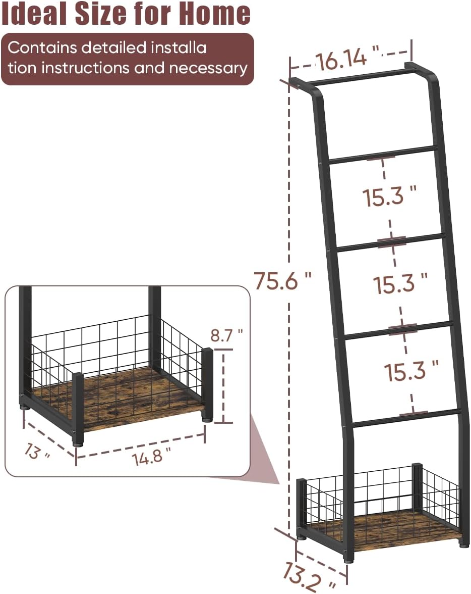 6.3ft Blanket Ladder with Storage Basket, 5 Tier Decorative Ladder Shelf Stan...