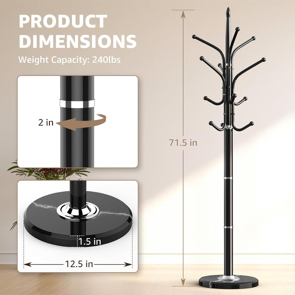 Heavy Duty Coat Rack with Marble Base, 12 Hooks, Adjustable Heights