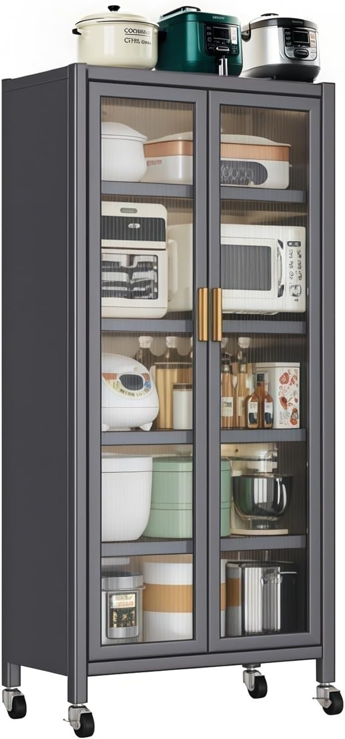 65" Kitchen Pantry Cabinet with Wheels & Adjustable Shelves, 6-Tier ...