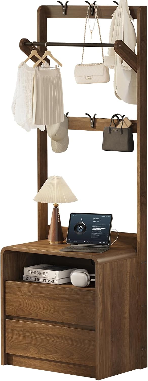 Messenya Mid Century Modern Bedroom Nightstand with Clothes Rack and Hooks | ...