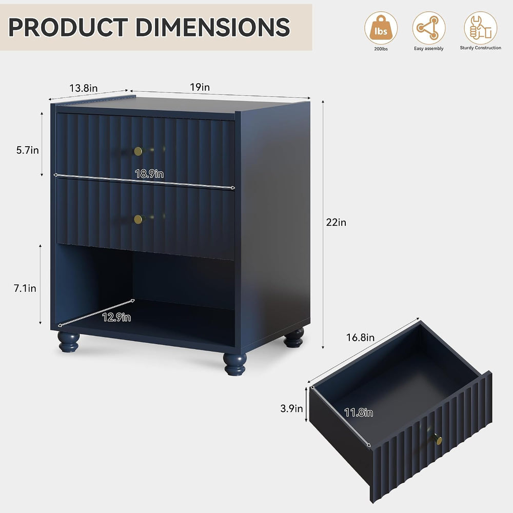22 inch Tall Blue Nightstand Set of 2, Fluted Bedside Table with 2 Drawers an...