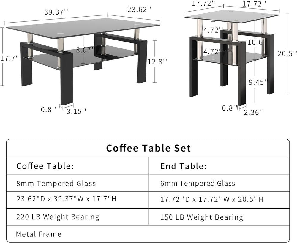 Black Glass Coffee Table Set of 3 Piece, Living Room Tables Set of 3 Pcs, Inc...