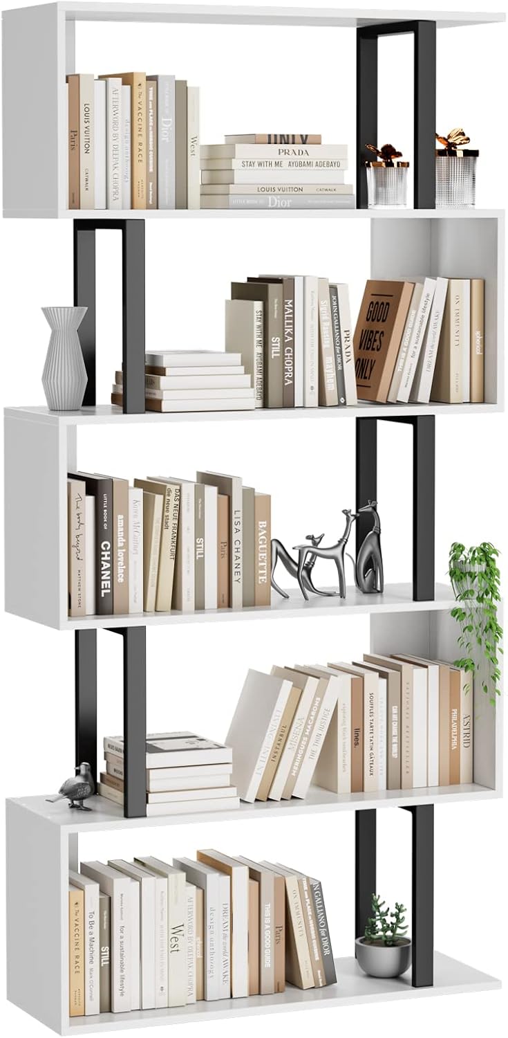 Gadroad 5-Tier Tall Bookshelf, S-Shaped Book Shelf Unit, White