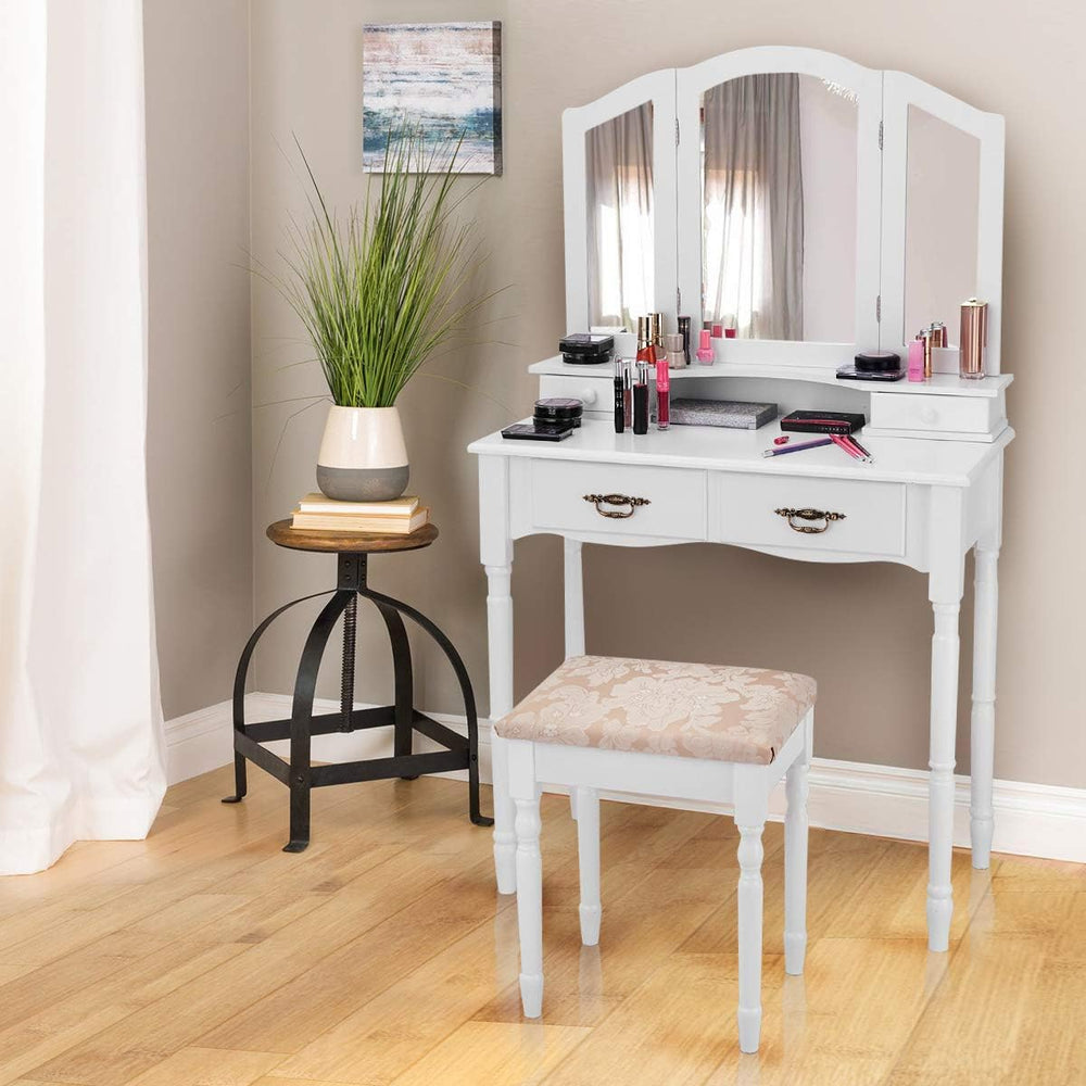 GIANTEX Vanity Set with Tri-Folding Mirror, Makeup Dressing Table with 4 Draw...