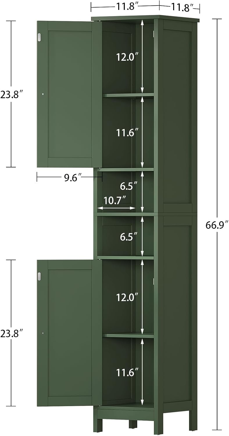 67" Tall Bathroom Cabinet with Adjustable Shelves and Doors, Narrow Bath...
