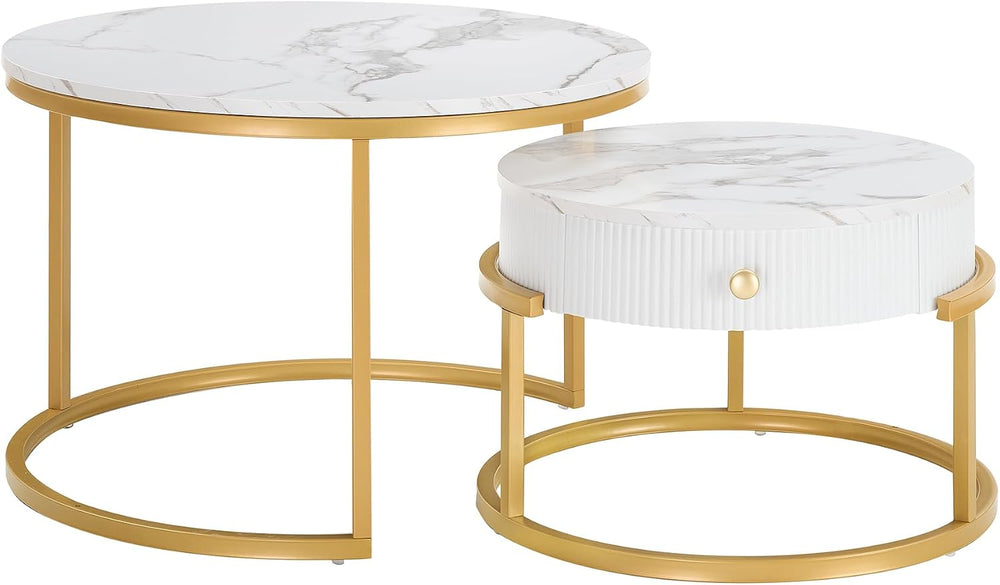 Round Nesting Coffee Table with Drawer for Small Living Room, Gold | 27.56&qu...