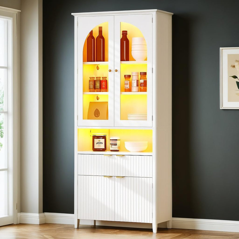 DWVO 72" Tall Kitchen Pantry Cabinet with LED Light, Fluted Storage Cabi...