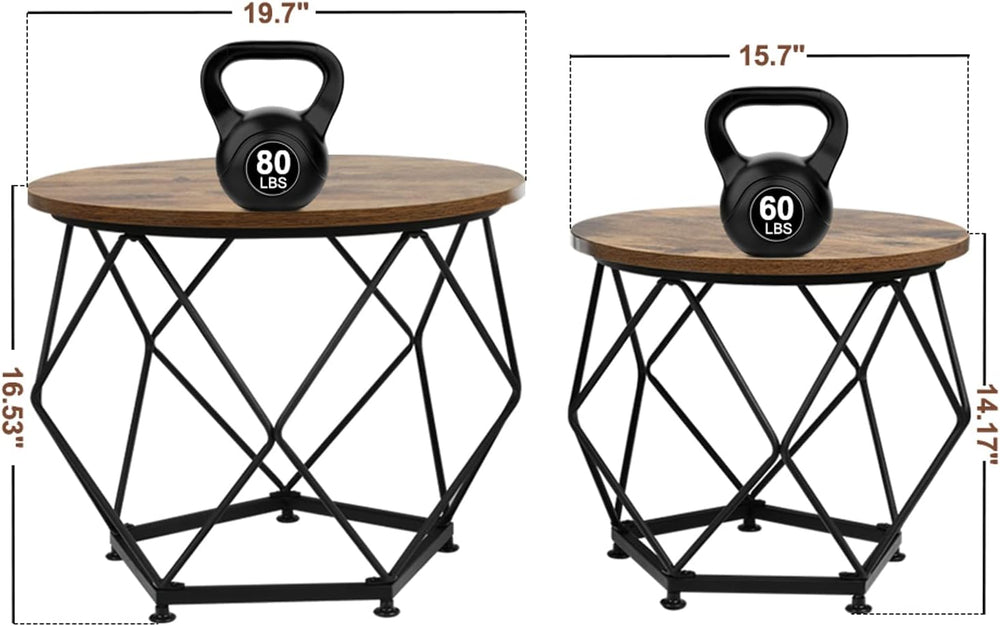 Small Coffee Table, Round End Table Set of 2 with Wooden Table and Metal Fram...