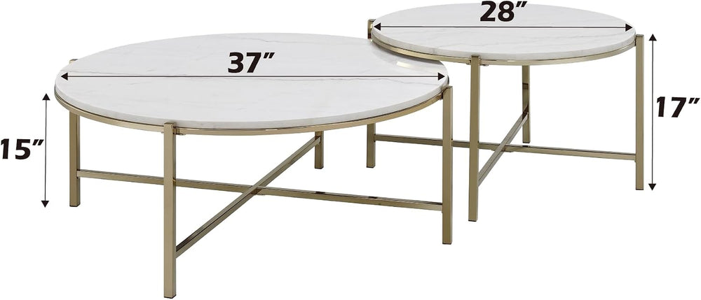 Marble Top & Nickel Finish Nesting Table Set with White | Luxurious 2-pie...